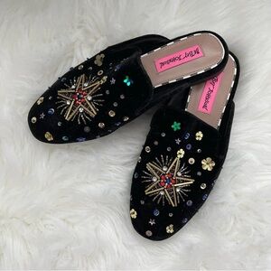 Betsey Johnson Solar Velvet Black Mules with Colorful Embellishments